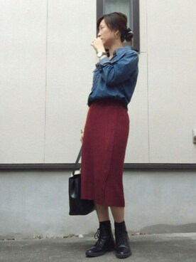 「ダンガリーシャツ」｜「アイテム（スカート）」を使った、namiheyさん（レディース・157cm）の秋コーディネート