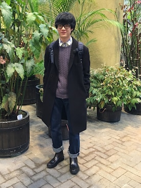 「アイテム（レインシューズ、ブラウン系）」を使った、もりっちさん（メンズ・170cm）の冬コーディネート