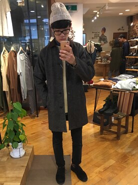 「weac.（ウィークス）のアイテム（ステンカラーコート）」を使った、もりっちさん（メンズ・170cm）の秋コーディネート