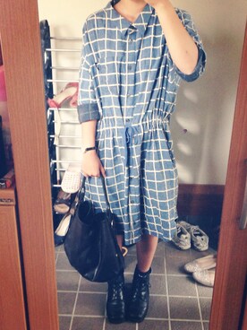 「古着のアイテム（ワンピース、ブルー系）」を使った、toさん（レディース・157cm）の秋コーディネート