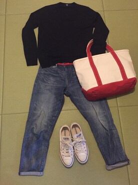 「UNIQLO（ユニクロ）のアイテム（デニムパンツ、ブルー系）」を使った、ニャモさん（レディース・161cm）の秋コーディネート