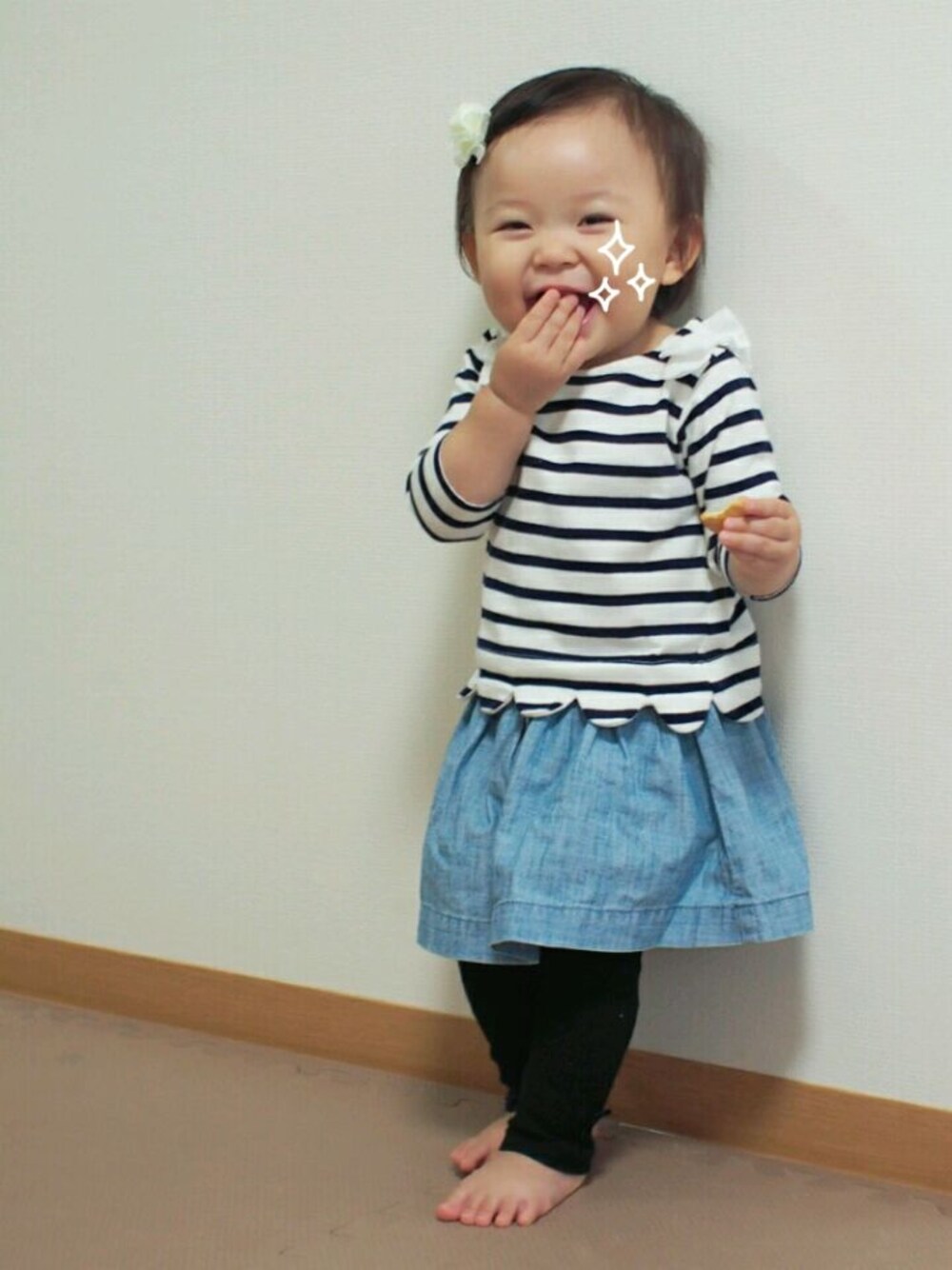 「スカラップ、肩リボン、ギャザースカート、プティマイン、babygap、ちびボーダー族、おとめ部。、レギンス、女の子、1歳3ヶ月」｜「babyGAPのアイテム（スカート、ブルー系）」を使った、madoさん（キッズ・70cm）の秋コーディネートの1枚目の写真