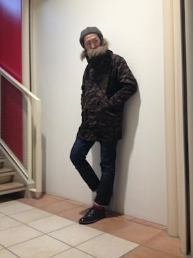 「ADAM ET ROPE'（アダムエロペ）のアイテム（モッズコート）」を使った、スタッフさん（メンズ・180cm）の冬コーディネート