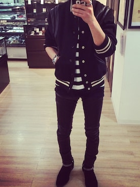 「SAINT LAURENT PARIS（サンローランパリ）のアイテム（スタジャン）」を使った、Ryo Anzaiさん（メンズ・167cm）の秋コーディネート