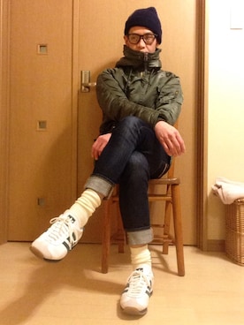 「BLUE BLUE（ブルーブルー）のアイテム（ニットキャップ/ビーニー）」を使った、うえちんさん（メンズ・173cm）の冬コーディネート