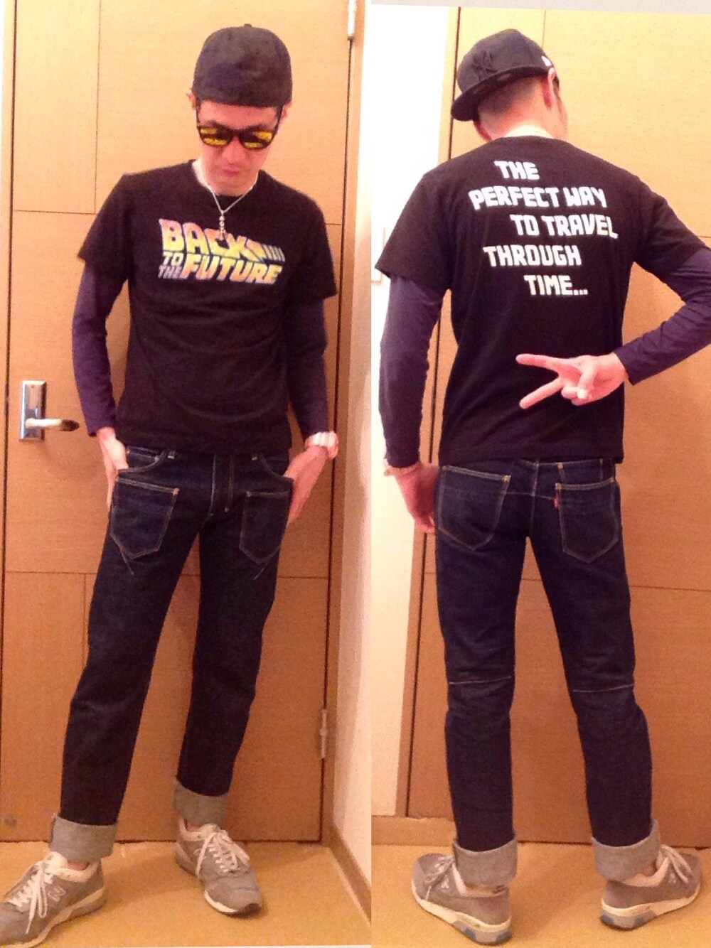 ブラック系のTシャツ/カットソー、ブルー系のデニムパンツ、グレー系のスニーカーを着用したメンズの春コーディネートの1枚目の写真