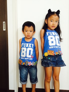 「お兄ちゃんのおさがりのアイテム（タンクトップ、ブルー系）」を使った、hiroさん（キッズ）の夏コーディネート