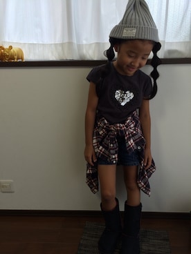 「しまむら（シマムラ）のアイテム（ニットキャップ/ビーニー、グレー系）」を使った、hiroさん（キッズ）の夏コーディネート