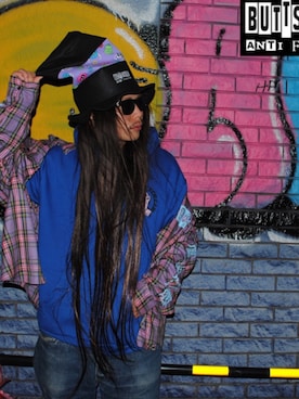 「BUTTSTAIN（バットステイン）のアイテム（帽子）」を使った、tokyofunksさん（メンズ・166cm）の夏コーディネート