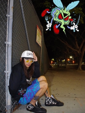 「BUTTSTAIN（バットステイン）のアイテム（帽子）」を使った、tokyofunksさん（メンズ・166cm）の夏コーディネート