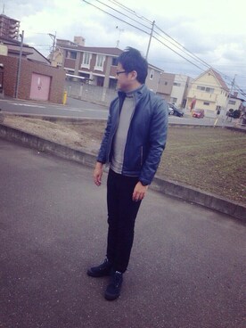 「TAKEO KIKUCHI（タケオキクチ）のアイテム（ライダースジャケット）」を使った、eijiさん（メンズ・186cm）の冬コーディネート