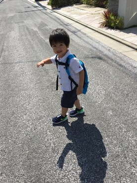 「アイテム（バックパック/リュック、ブルー系）」を使った、りょうたろさん（キッズ・100cm）の夏コーディネート