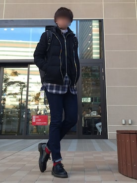 「靴下チラ見せ」｜「アイテム（ダウンジャケット/コート）」を使った、たちさん（メンズ・177cm）の冬コーディネート