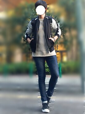 「ロングニット」｜「アイテム（ブルゾン）」を使った、たちさん（メンズ・177cm）の秋コーディネート