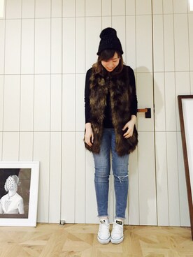 「H&M（エイチ・アンド・エム）のアイテム（ベスト）」を使った、YUKIHAさん（レディース・158cm）の冬コーディネート