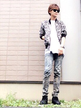 「総柄トップス」｜「アイテム（ブルゾン）」を使った、k☆さん（メンズ・174cm）の秋コーディネート