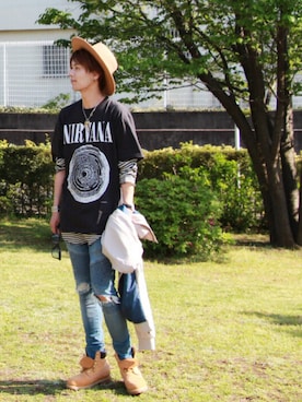 「バンドT」｜「アイテム（ナイロンジャケット）」を使った、k☆さん（メンズ・174cm）の春コーディネート
