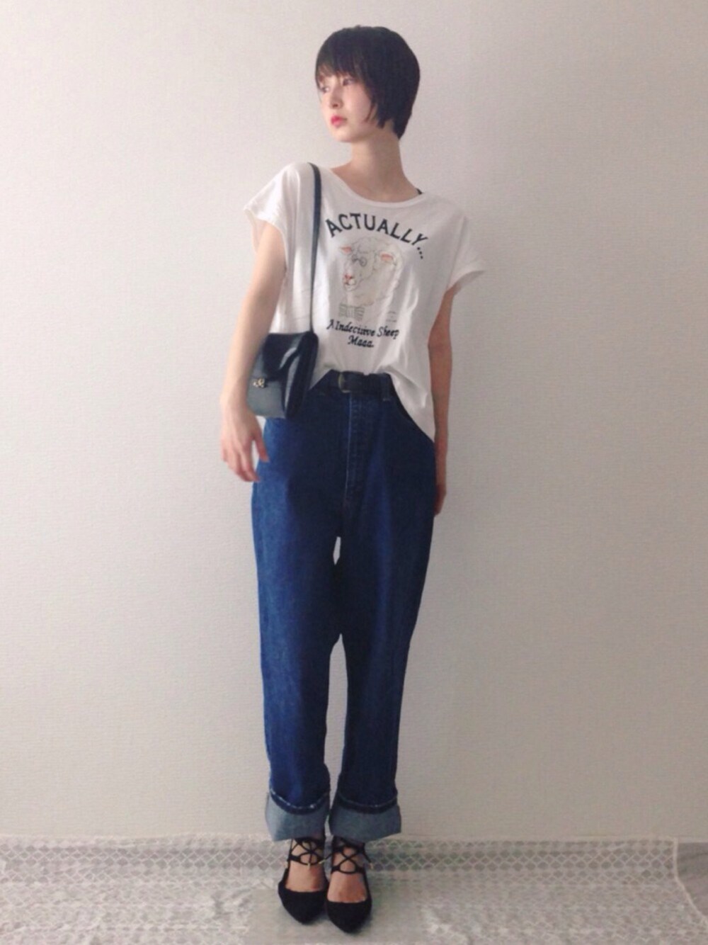 「夏コーデ、羊、シンプルスタイル、大人カジュアル、デニム、デニムパンツ、Tシャツ、Tシャツ×デニム、179/WG、ZARA」｜「179/WGのアニマルプリントTシャツ（Tシャツ/カットソー、ホワイト系）」を使った、hirrroko14さん（レディース・164cm）の夏コーディネートの1枚目の写真