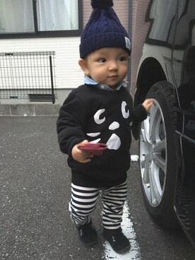 「にゃー」｜「アイテム（ニットキャップ/ビーニー）」を使った、ゆーせいさん（キッズ・80cm）の秋コーディネート