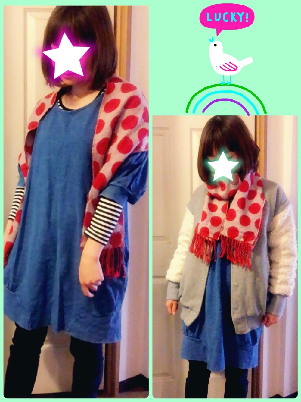 「JEANASISの(JEANASIS)カットデニムバルンワンピース6S/523107（ワンピース、ブルー系）」を使った、まっきぃ〜さん（レディース・157cm）の冬コーディネートの1枚目の写真