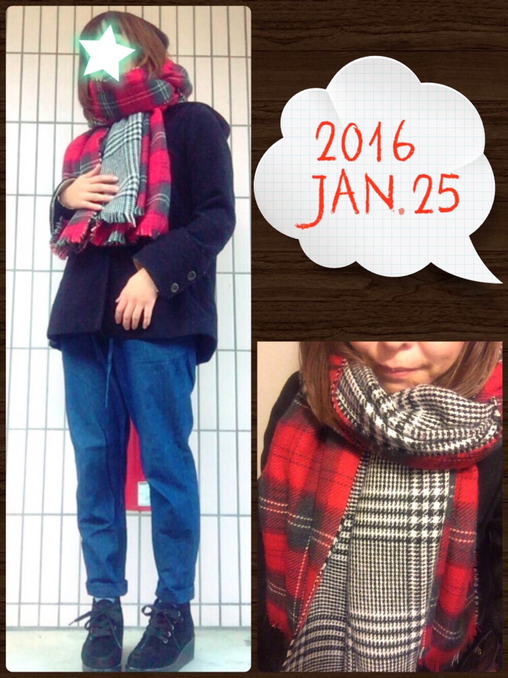 「JEANASISのWフェイスチェックストール/550002（ストール/ショール、レッド系）」を使った、まっきぃ〜さん（レディース・157cm）の冬コーディネートの1枚目の写真