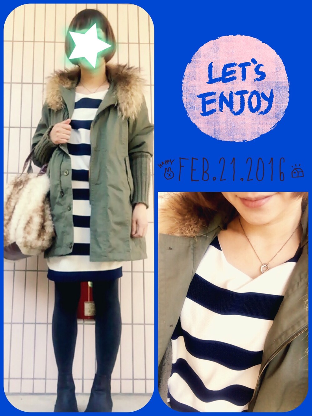 ホワイト系のワンピース、グリーン系のモッズコート、ブラック系のブーツを着用したレディースの冬コーディネートの1枚目の写真