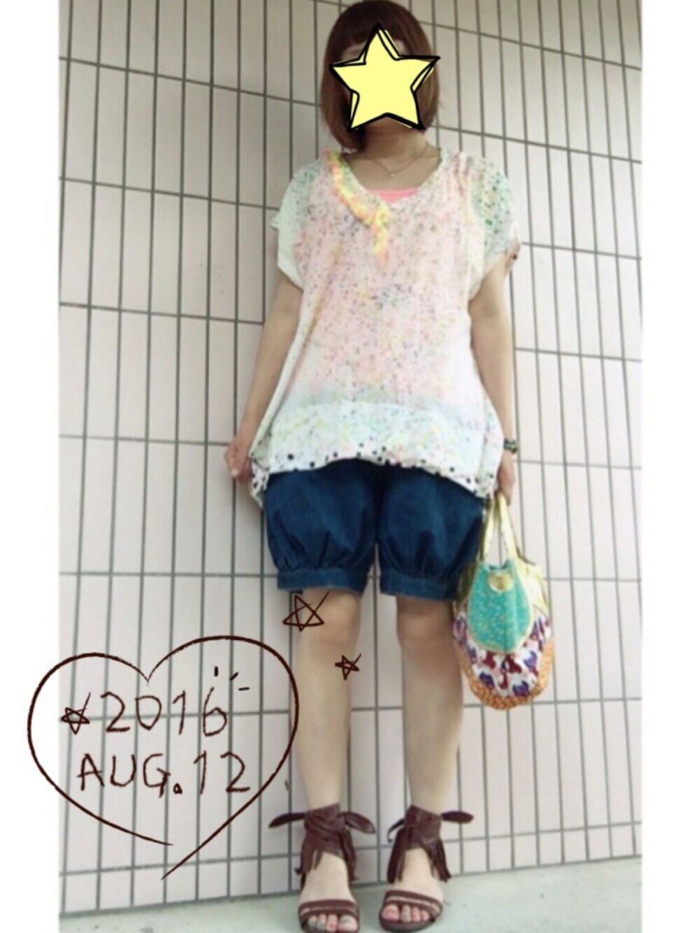 「ツモリチサト、ネネット、かぼちゃパンツ、派手色、ラフ、summer」｜「TSUMORI CHISATOのアイテム（Tシャツ/カットソー、ホワイト系）」を使った、まっきぃ〜さん（レディース・157cm）の夏コーディネートの1枚目の写真