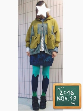 「柄タイツ」｜「アイテム（ブルゾン）」を使った、まっきぃ〜さん（レディース・157cm）の秋コーディネート