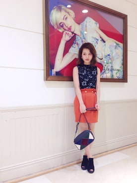 「アイテム（スカート、オレンジ系）」を使った、chihiro shigematsuさん（レディース・155cm）の夏コーディネート