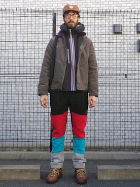 「ワークキャップ」｜「アイテム（マウンテンパーカー）」を使った、AQZAWAさん（メンズ・180cm）の秋コーディネート