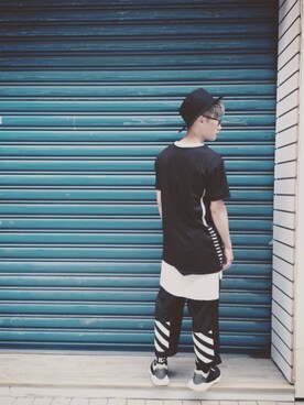 「adidas Rick Owenのアイテム（スニーカー、ブラック系）」を使った、Libra_DENさん（メンズ）の夏コーディネート