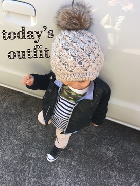 「アイテム（ライダースジャケット）」を使った、mee☆さん（キッズ・90cm）の冬コーディネート