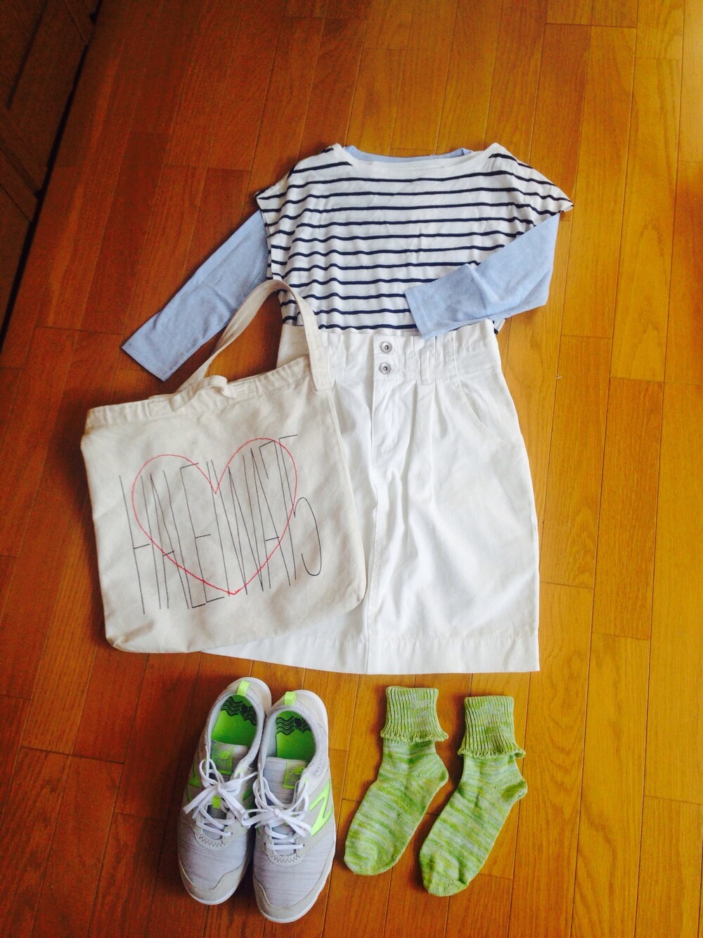 「NEW BALANCEのNB WL315 GYJ（スニーカー、グリーン系）」を使った、s@＊さん（レディース・156cm）の春コーディネートの1枚目の写真