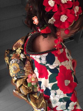 「アイテム（水着/着物・浴衣、レッド系）」を使った、かすみさん（レディース・155cm）の冬コーディネート