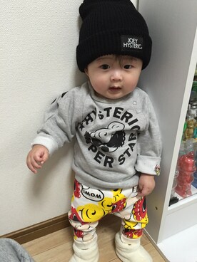 「JOEY HYSTERIC（ジョーイヒステリック）のアイテム（帽子）」を使った、towaさん（キッズ・70cm）の春コーディネート