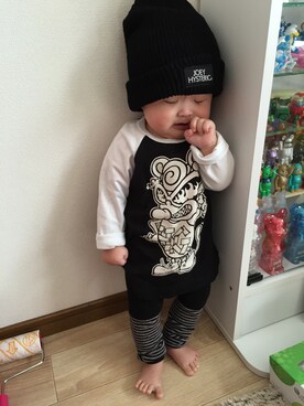 「JOEY HYSTERIC（ジョーイヒステリック）のアイテム（帽子）」を使った、towaさん（キッズ・70cm）の春コーディネート