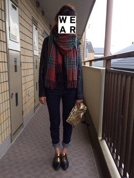 「スパンコール」｜「アイテム（ライダースジャケット）」を使った、munmun☺︎さん（レディース・160cm）の秋コーディネート