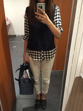 「SEA（シー）のネイビーカゴバッグM（かごバッグ）」を使った、munmun☺︎さん（レディース・160cm）の秋コーディネート