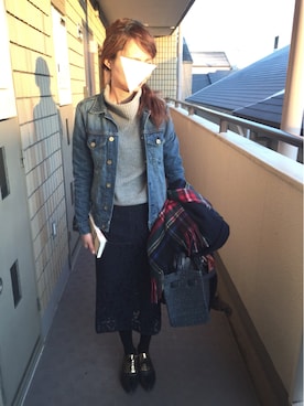 「SEA（シー）のネイビーカゴバッグM（かごバッグ）」を使った、munmun☺︎さん（レディース・160cm）の冬コーディネート