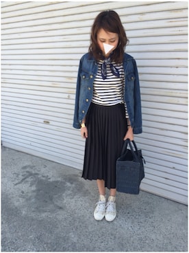 「SEA（シー）のネイビーカゴバッグM（かごバッグ）」を使った、munmun☺︎さん（レディース・160cm）の春コーディネート