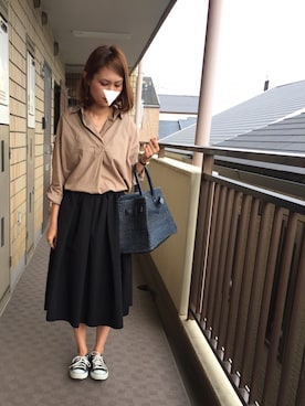 「SEA（シー）のネイビーカゴバッグM（かごバッグ）」を使った、munmun☺︎さん（レディース・160cm）の秋コーディネート