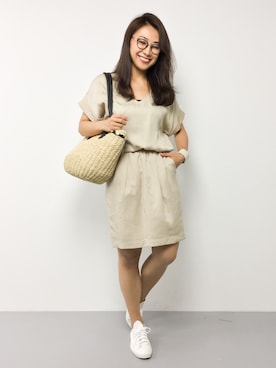 「cache cache（カシュ カシュ）のアイテム（かごバッグ）」を使った、natsuさん（レディース・155cm）の夏コーディネート