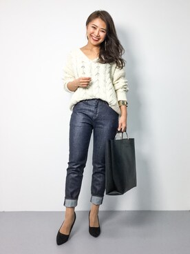 「SLOBE IENA（スローブイエナ）の3GG Vネックケーブルニット◆（ニット/セーター）」を使った、natsuさん（レディース・155cm）の秋コーディネート