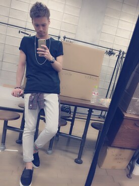 「wjk（ダヴルジェイケイ）のアイテム（その他シューズ）」を使った、Tachiさん（メンズ・172cm）の夏コーディネート