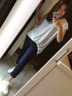 「GU（ジーユー）のアイテム（Tシャツ/カットソー、グレー系）」を使った、nanaさん（レディース・163cm）の夏コーディネート