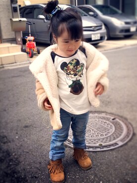 「Right-on KIDS（ライトオンキッズ）のアイテム（Tシャツ/カットソー、ホワイト系）」を使った、nanaさん（レディース・163cm）の冬コーディネート