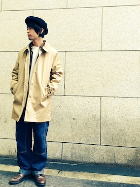 「ペインターパンツ」｜「アイテム（ステンカラーコート）」を使った、藤原 宏紀さん（メンズ・170cm）の春コーディネート