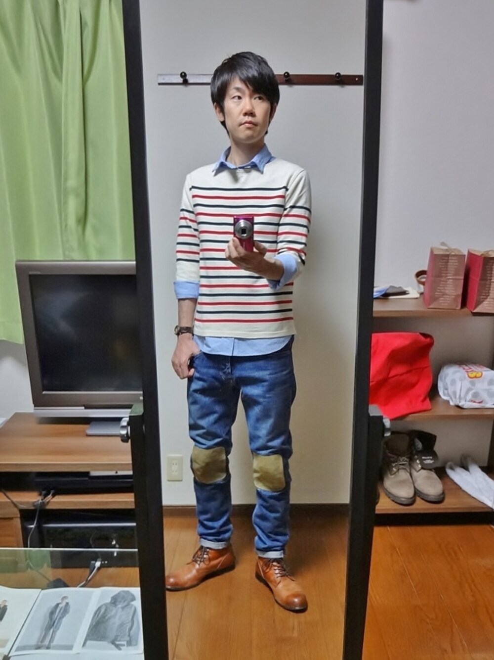 「 ボーダー、マリン」｜「stopoverのタブ衿プレーンシャツ（その他トップス）」を使った、ジェイさん（メンズ・175cm）の春コーディネートの1枚目の写真