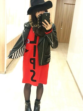 「red」｜「アイテム（ライダースジャケット）」を使った、ちりこさん（レディース・146cm）の冬コーディネート