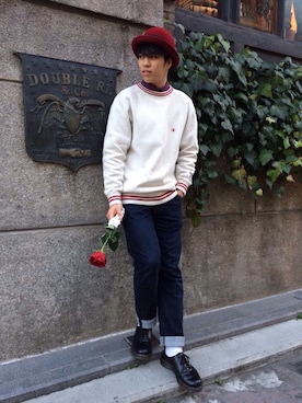 「シャツ×スウェット」｜「アイテム（ブーツ）」を使った、Shoseiさん（メンズ・180cm）の冬コーディネート